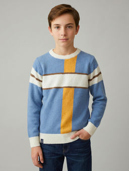 Monte Carlo - Boys Blue Regular Fit Full Sleeves Colorblock Winter Pullover Sweater