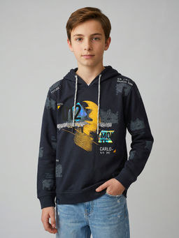 Monte Carlo - Boys Navy Blue Regular Fit Full Sleeves Graphic Printed Winter Hoodie