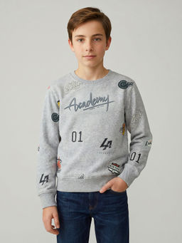 Monte Carlo - Boys Grey Regular Fit Full Sleeves Text Printed Winter Sweatshirt