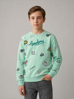 Monte Carlo - Boys Green Regular Fit Full Sleeves Text Printed Winter Sweatshirt