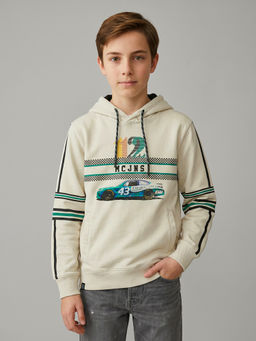 Monte Carlo - Boys Cream Regular Fit Full Sleeves Graphic Printed Winter Hoodie