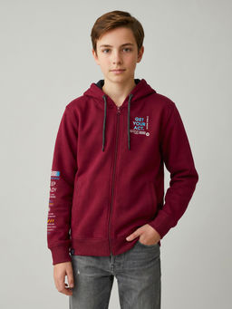 Monte Carlo - Boys Maroon Regular Fit Full Sleeves Text Printed Zipper Hoodie