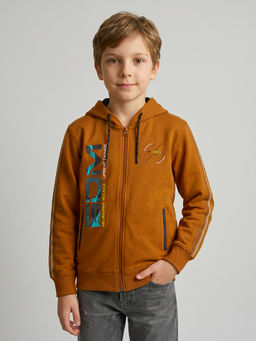 Monte Carlo - Boys Brown Regular Fit Full Sleeves Text Printed Zipper Hoodie