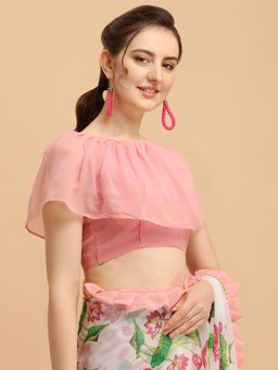Tikhi Imli - Pink Floral Printed Georgette Ruffle Saree with Unstitched Blouse