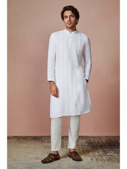 Manyavar - White Linen Mandarin Collar Kurta Only