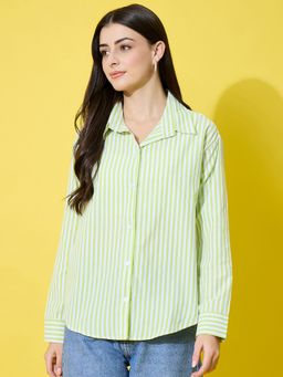 Buynewtrend - Green Women Striped Cotton Oversized Long Sleeve Button-Down Shirt