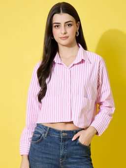 Buynewtrend - Women Stylish Pocket Pink and White Striped Cotton Crop Shirt