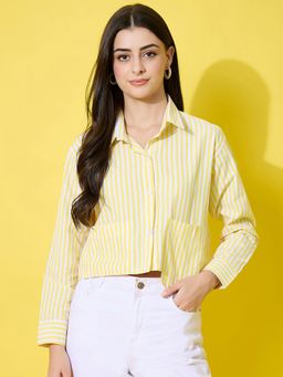 Buynewtrend - Women Stylish Pocket Yellow and White Striped Cotton Crop Shirt