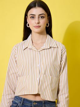 Buynewtrend - Women Stylish Pocket Brown and White Striped Cotton Crop Shirt