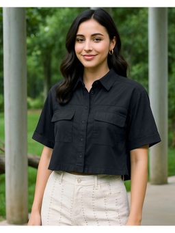 Bewakoof - Women Black Oversized Crop Cotton Linen Shirt