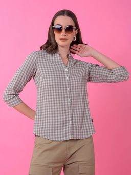 CRIMSOUNE CLUB - Women Grey Checked Pure Cotton Mandarin Neck Shirt
