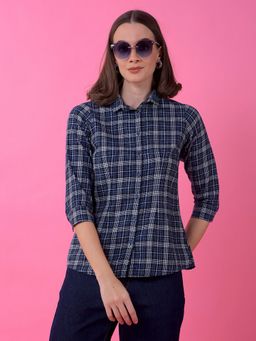 CRIMSOUNE CLUB - Women Navy Blue Checked Shirt
