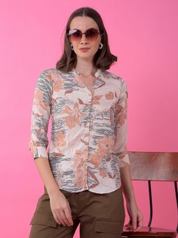 CRIMSOUNE CLUB - Women Peach Floral Print Mandarin Neck Shirt