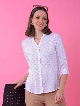 CRIMSOUNE CLUB - Women White Floral Print Mandarin Neck Shirt