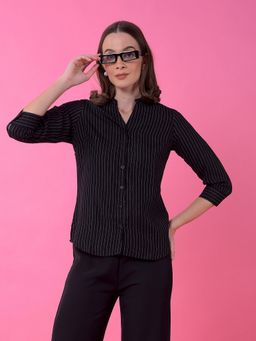 CRIMSOUNE CLUB - Women Black Vertical Stripes Mandarin Neck Shirt