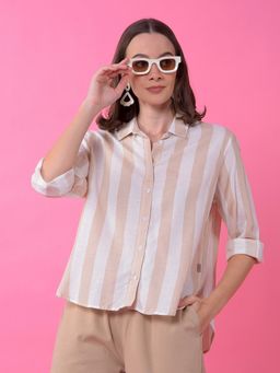 CRIMSOUNE CLUB - Women Beige Vertical Stripes Linen Shirt