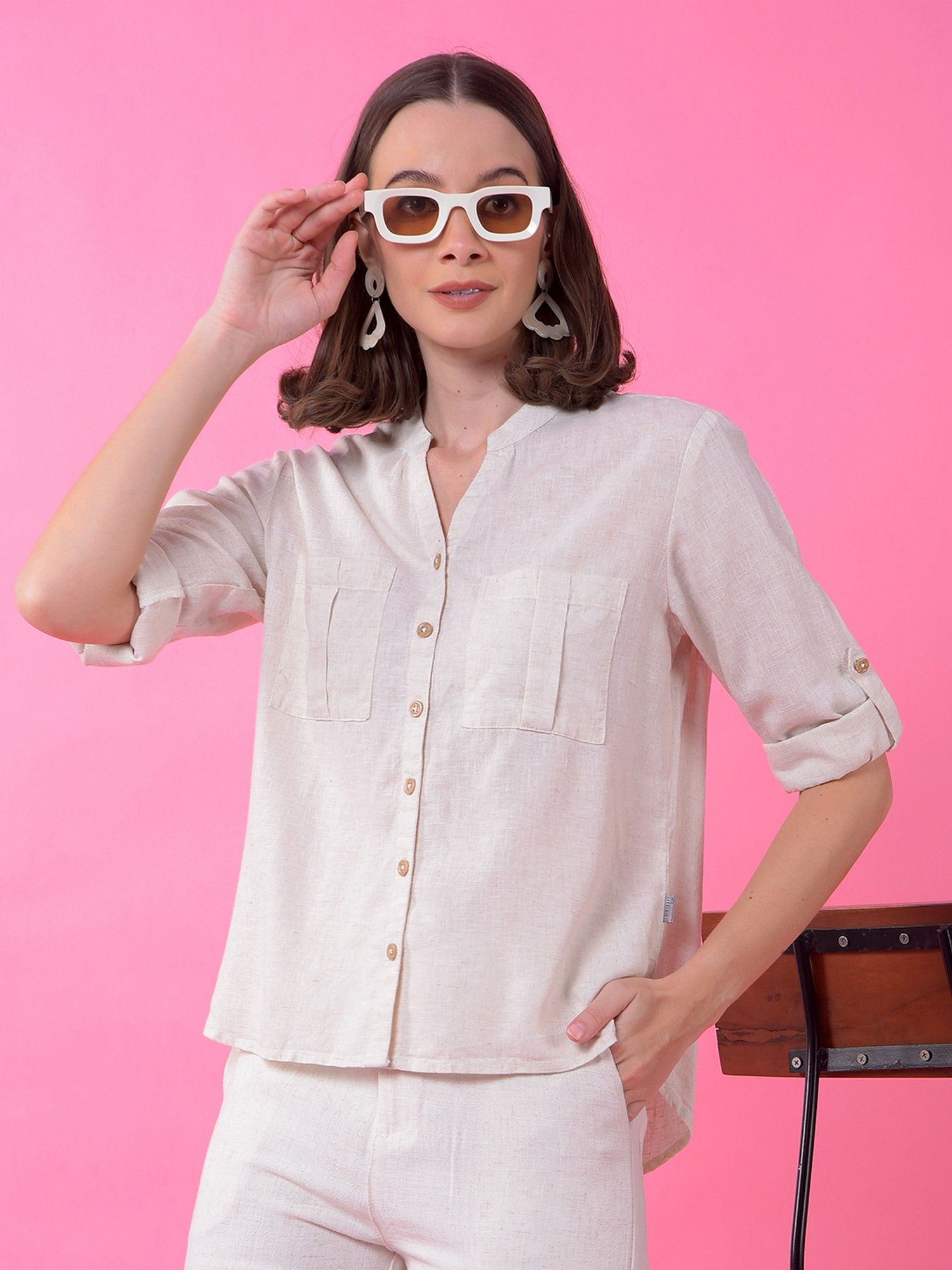 crimsoune club Women Off White Mandarin Neck Linen Shirt-picture-12