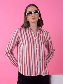 CRIMSOUNE CLUB - Women Red Vertical Stripes Pure Modal Shirt