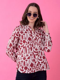 CRIMSOUNE CLUB - Women Maroon Printed Mandarin Neck Shirt