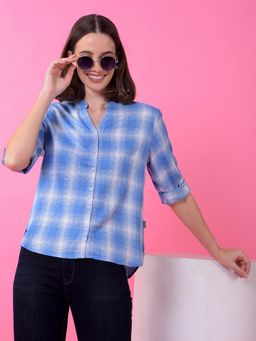 CRIMSOUNE CLUB - Women Blue Checked Mandarin Neck Shirt