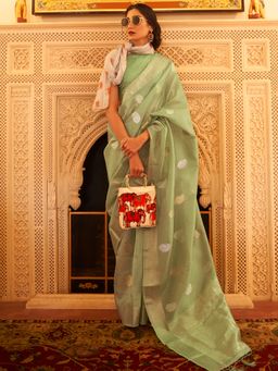 Akhilam - Womens Silk Blend Light Green Woven Designer Saree with Unstitched Blouse