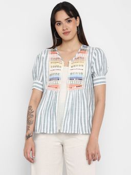 Taurus - White Embellished Yarn Dyed Cotton Jacket For Women