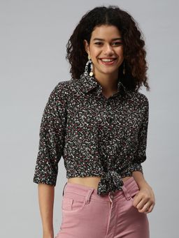 SHOWOFFFF - Women Collar Neck Three Fourth Sleeves Floral Black Crop Top