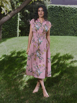 House of Fett - Babka Printed Cotton Peach Midi Dress