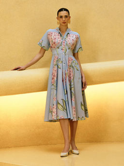 House of Fett - Floral Skies Poplin Blue Midi Dress