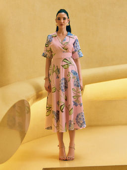 House of Fett - Floral Floss Linen Pink Midi Dress