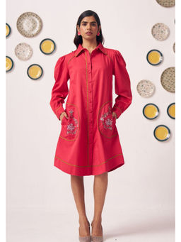 Western Era - Floral Edge Scarlet Shirt Knee Length Dress