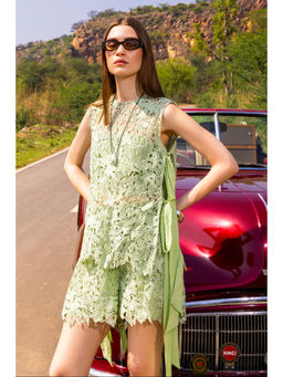 ZABELLA - Green Polyester Embroidered Top with Shorts and Tube Top