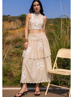 ZABELLA - Beige Crepe Embroidered Top with Skirt