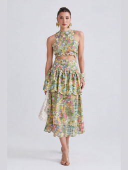 ZABELLA - Green Viscose Printed Top with Skirt