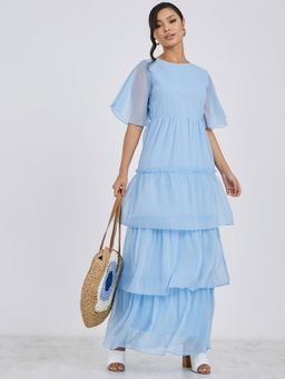 Styli - Blue Flare Sleeves Layered Maxi Dress