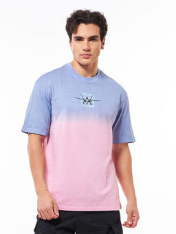 Bewakoof - Men's Pink & Blue Airborne Fleet Graphic Printed Ombre Oversized T-shirt