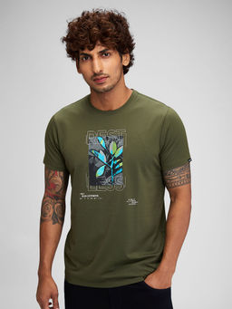 Spykar - Men Round Neck Green Cotton Graphic Printed T-Shirt