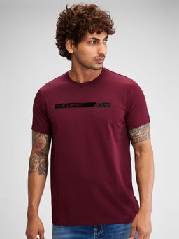 Spykar - Men Round Neck Wine Cotton Solid T-Shirt
