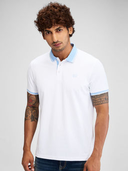 Spykar - Men Collar Neck White Cotton Solid Polo T-Shirt