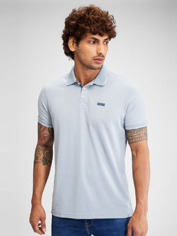 Spykar - Men Collar Neck Blue Cotton Solid Polo T-Shirt