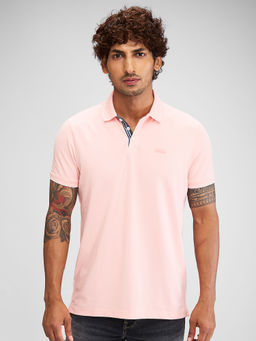 Spykar - Men Collar Neck Pink Cotton Solid Polo T-Shirt