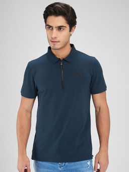 Spykar - Men Collar Neck Teal Cotton Blend Solid Polo T-Shirt