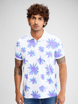 Spykar - Men Collar Neck White Cotton Blend Printed Polo T-Shirt