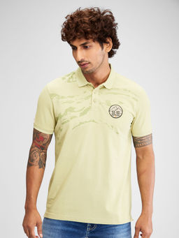 Spykar - Men Collar Neck Green Cotton Printed Polo T-Shirt