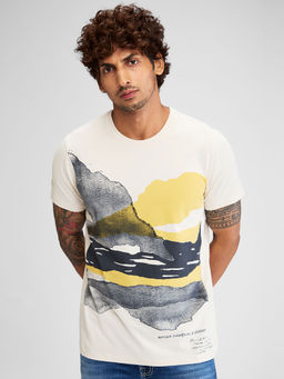 Spykar - Men Round Neck White Cotton Printed T-Shirt