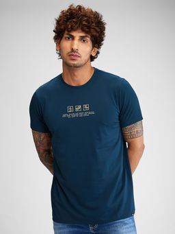 Spykar - Men Round Neck Teal Cotton Typography T-Shirt