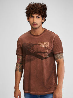 Spykar - Men Round Neck Brown Cotton Blend Printed T-Shirt