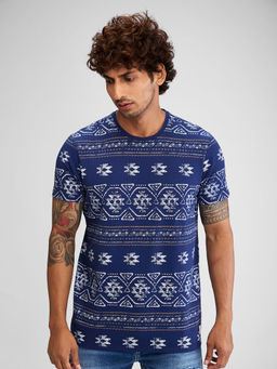 Spykar - Men Round Neck Blue Cotton Printed T-Shirt