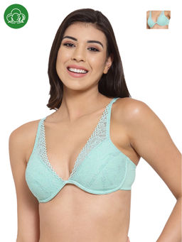 Inner Sense - Organic Cotton Antimicrobal Laced Cushioned Padded Underwired Bra -Pack Of 2 -Green