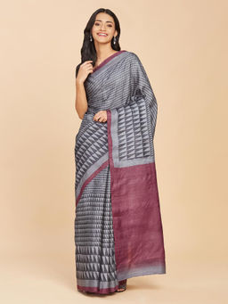 Fabindia - Teal Silk Hand Block Printed Geometric Saree Without Blouse